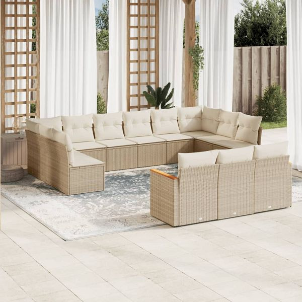 vidaXL 13-teilig Garten-Sofagarnitur mit Kissen Beige Poly Rattan, 3258859