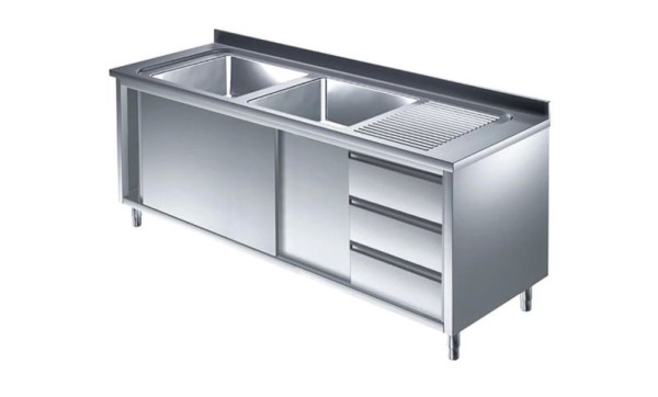 A&S Gastro Spülschrank mit Schubladenblock, 2 Becken links, Bautiefe 600 mm, 140x600x850 mm, SPSCH1462BL-S