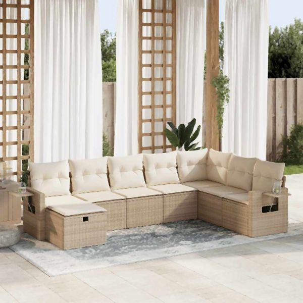 vidaXL 8-tlg. Garten-Sofagarnitur mit Kissen Beige Poly Rattan, 3325534