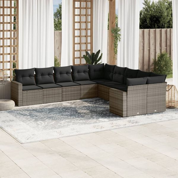 vidaXL 10-teilig Garten-Sofagarnitur mit Kissen Grau Poly Rattan, 3219500