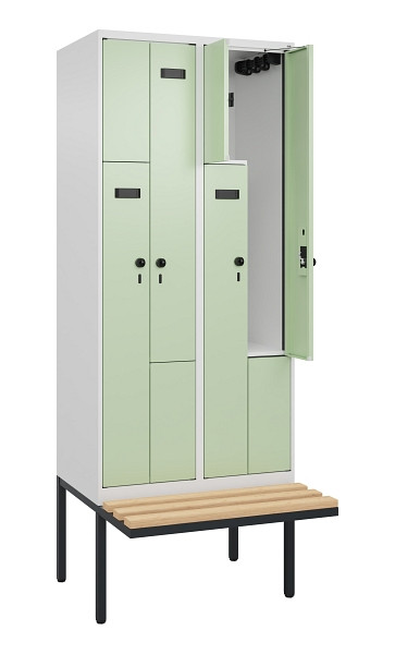 C+P Z-Spind Evolo PLUS, Bank, 4 Fächer, 2120x800x815mm, 9016/6019, Drehriegel, Sitzfläche Holz, 0490437-224 S10018