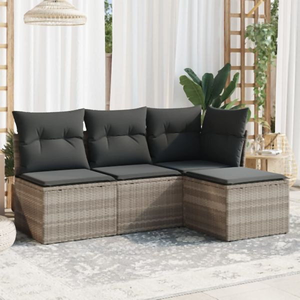 vidaXL 4-tlg. Garten-Sofagarnitur mit Kissen Hellgrau Poly Rattan, 3249341
