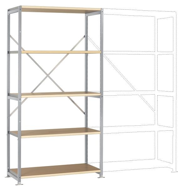 Manuflex Mittelschweres Fachboden-Steckregal Grundregal mit 5 Holzverbundböden, HxBxT = 2000 x 1030 x 300 mm, alusilber, RP1005.9006