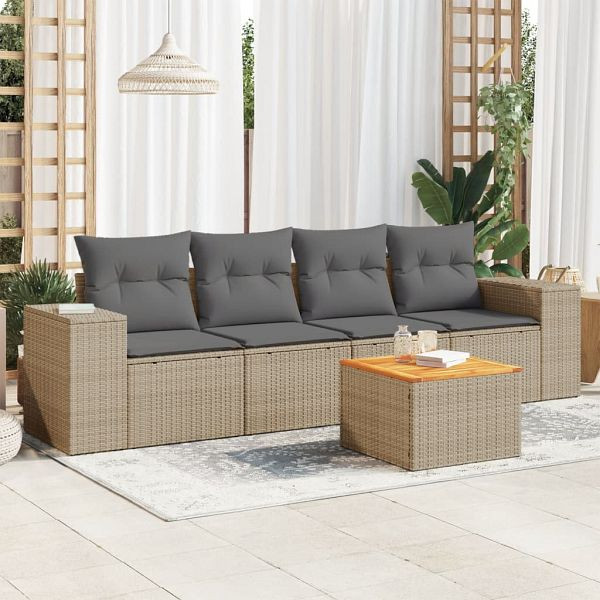 vidaXL 5-teilig Garten-Sofagarnitur mit Kissen Beige Poly Rattan, 3225324