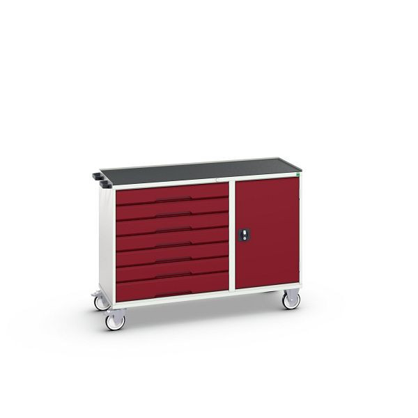 bott verso Montagewagen, mit 7 Schubladen, Tür und Abrollrand, BxTxH: 1300 x 550 x 965 mm, Lichtgrau / Purpurrot, 16927158.24