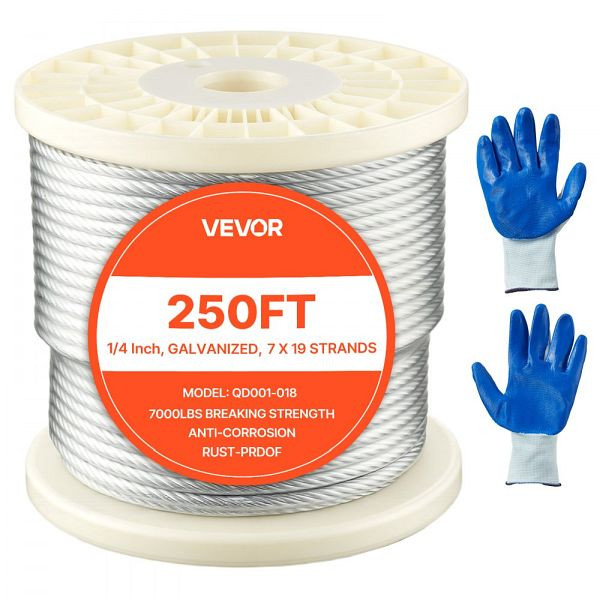 VEVOR Drahtseil 6,35mm, 76,2m, verzinkt, 31,1 kN Bruchfestigkeit, 7x19 Litzen, für Geländer/Spaliere, inkl. Handschuhe, DXGSSDXQT14I95RCZ002V0