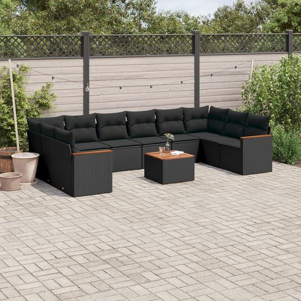vidaXL 11-teilig Garten-Sofagarnitur mit Kissen Schwarz Poly Rattan, 3258730