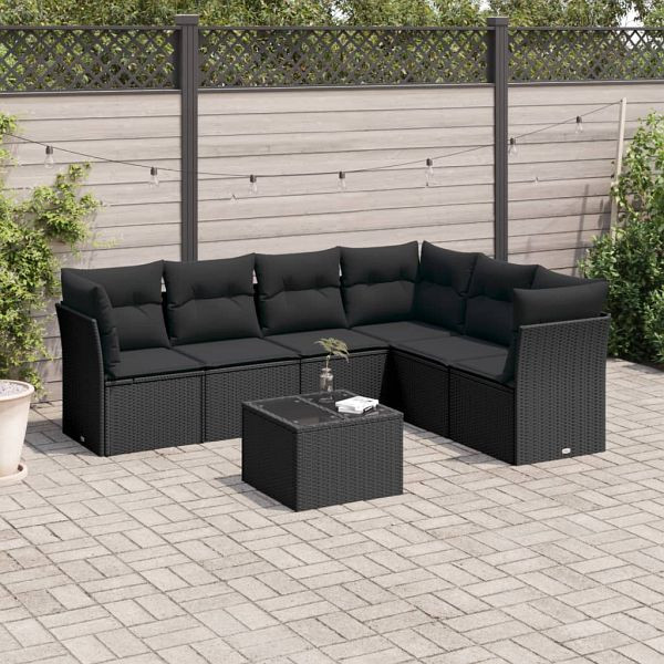 vidaXL 7-teilig Garten-Sofagarnitur mit Kissen Schwarz Poly Rattan, 3217685