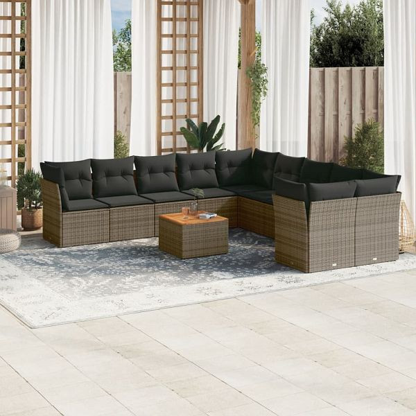 vidaXL 11-tlg. Garten-Sofagarnitur mit Kissen Grau Poly Rattan, 3256186