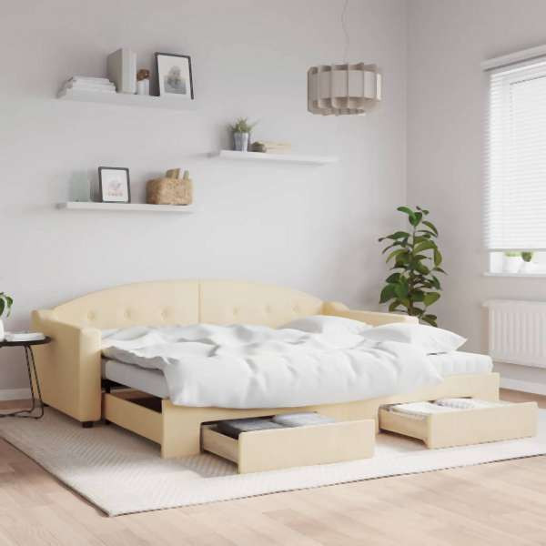 vidaXL Tagesbett Ausziehbar mit Schubladen Creme 90x200 cm Stoff, 3197588