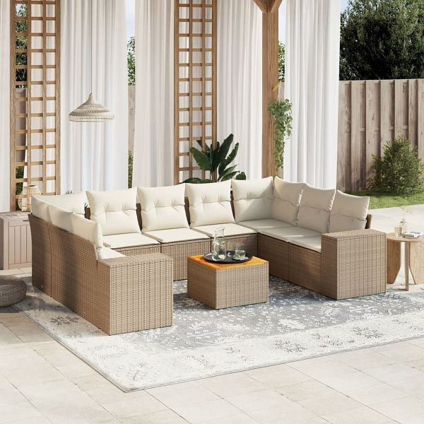 vidaXL 10-teilig Garten-Sofagarnitur mit Kissen Beige Poly Rattan, 3257920