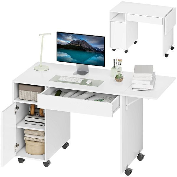 HOMCOM Rollbarer Computertisch, klappbarer Schreibtisch mit Schrank und Schublade, Spanplatte, Weiß, 836-628V90WT