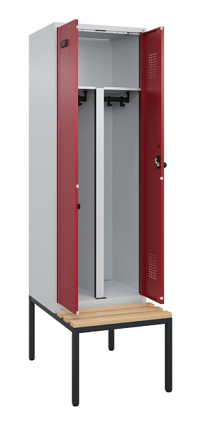 C+P PSA Doppel-Spind Evolo PLUS, Bank, 2 Abteile, 2120x600x815mm, 7035/3003, Drehriegel, Sitzfläche Buche-Hartholz, Sitzbank, 0490527-20P S10004