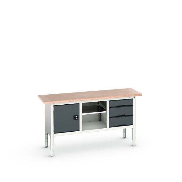 bott verso Kastenwerkbank (Multiplex-Platte) 3 Schubladen, 1 Tür und 1 Ablageboden, BxTxH: 1750 x 600 x 830 - 930 mm, Lichtgrau/Anthrazitgrau, 16923020.19