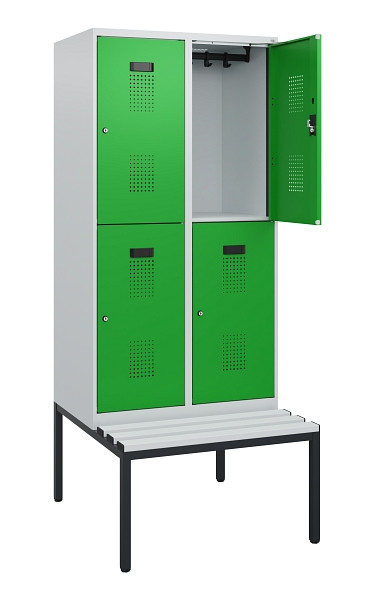C+P Doppelstöckiger Spind Evolo PLUS, Bank, 4 Fächer, 1950x800x815mm, 7035/6037, Zylinderschloss, Sitzfläche Kunststoff, Sitzbank, 0493505-22 S10146