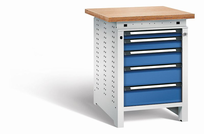 Otto Kind Werkbank Serie function Typ 109, Multiplexplatte, überstehend, 5 Schubladen, mit Zentralverschluss, Gehäuse RAL 7035, Front RAL 5010, 072326286