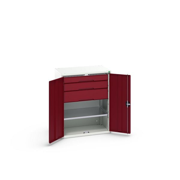 bott verso Flügeltürschrank mit Schubladen, mit 1 Fachboden und 3 Schubladen, BxTxH: 800 x 550 x 1000 mm, Lichtgrau / Purpurrot, 16926454.24
