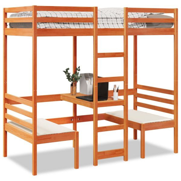 vidaXL Hochbett mit Schreibtisch & Stühlen Braun 90x190 cm Kiefernholz, 3308561