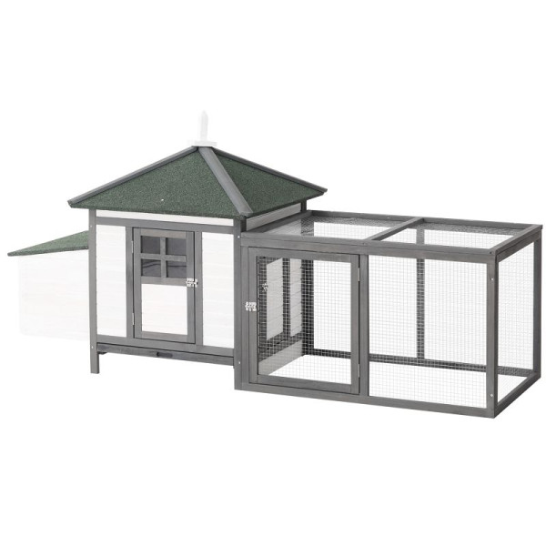 PawHut Hühnerstall für Zwerghühner 196 x 76 x 97 cm Hühnerhaus mit Nistkasten, Freilaufgehege Sitzstange, Kleintierstall aus Holz, Grau, D51-092GY