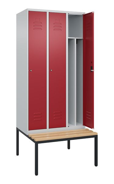 C+P Umkleidespind Classic PLUS mit Mitteltrennwand, Bank, 3 Abteile, 2120x900x815mm, 7035/3003, Zylinderschlösser, Buche-Sitzleisten, 0800507-30F S10046