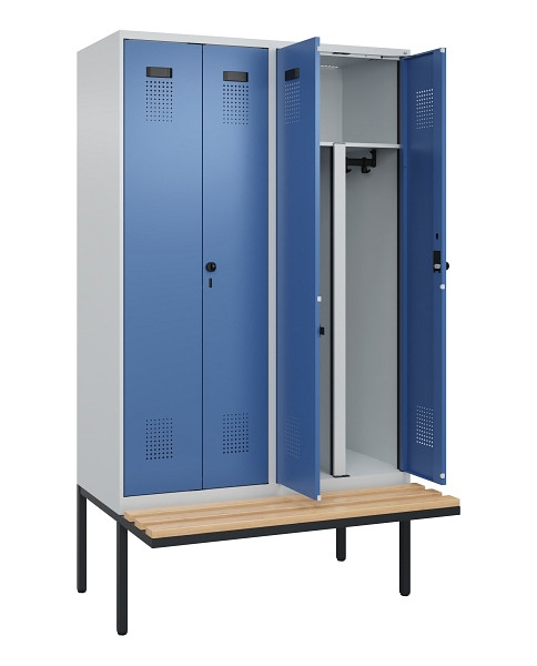 C+P PSA Doppel-Spind Evolo PLUS, Bank, 4 Abteile, 2120x1200x815mm, 7035/5023, Drehriegel, Sitzfläche Holz, 0490427-40P S10008