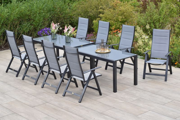 Merxx 9-teilig Florenz Set, 8 Florenz Klappsessel, gepadded, graphit/grau, 1 Flexausziehtisch, 160/320 x 78/75 cm, 50565-309