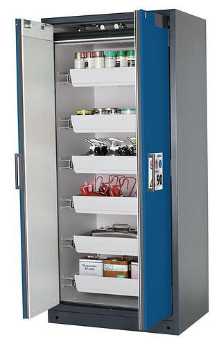 asecos Feuerbeständiger Gefahrstoffschrank Select W-96, 6 Auszugswannen, Türen blau, 201047