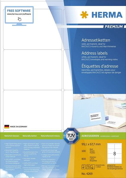 HERMA 4269 Adressetiketten Premium A4, weiß 99,1x67,7 mm Papier matt 800 St., 4269