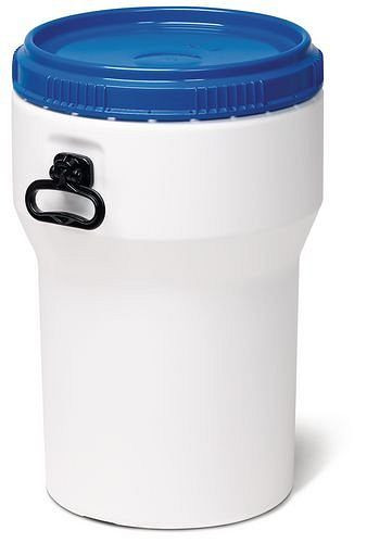 DENIOS Weithalsfass aus PE, 40 Liter, mit Deckel, weiß/blau, nestbar, UN-Zulassung, 217399