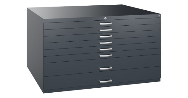 C+P Flachablageschrank Serie 7100_7200, H760xB1350xT960mm, 7016/7016, 2 Schubladenblenden doppelwandig, 7201-200 S10423