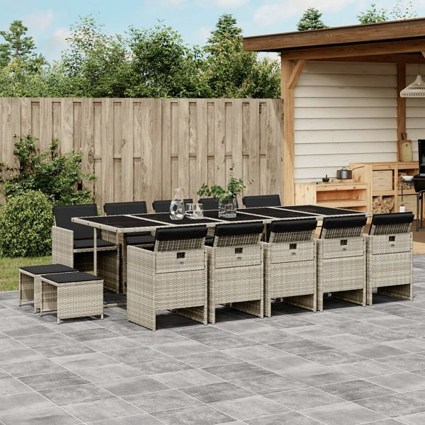 vidaXL 15-teilig Garten-Essgruppe mit Kissen Hellgrau Poly Rattan, 3210635