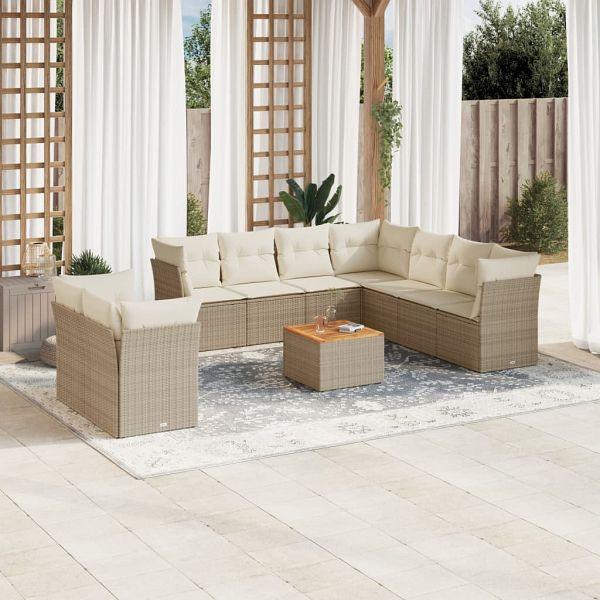 vidaXL 10-teilig Garten-Sofagarnitur mit Kissen Beige Poly Rattan, 3223713