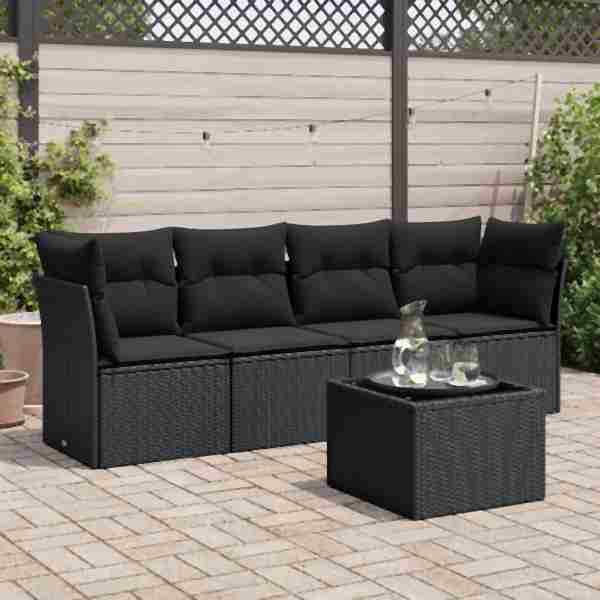 vidaXL 5-tlg. Garten-Sofagarnitur mit Kissen Schwarz Poly Rattan, UV-beständig, 3217235
