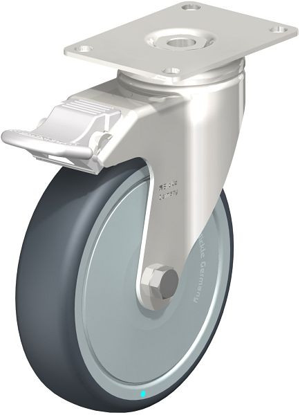 Blickle LKPXA-TPA 126KD-26-FI-FK Edelstahl-Apparate-Lenkrolle mit Anschraubplatte & Feststeller, Thermoplastisches Gummi-Elastomer, Grau, 754833