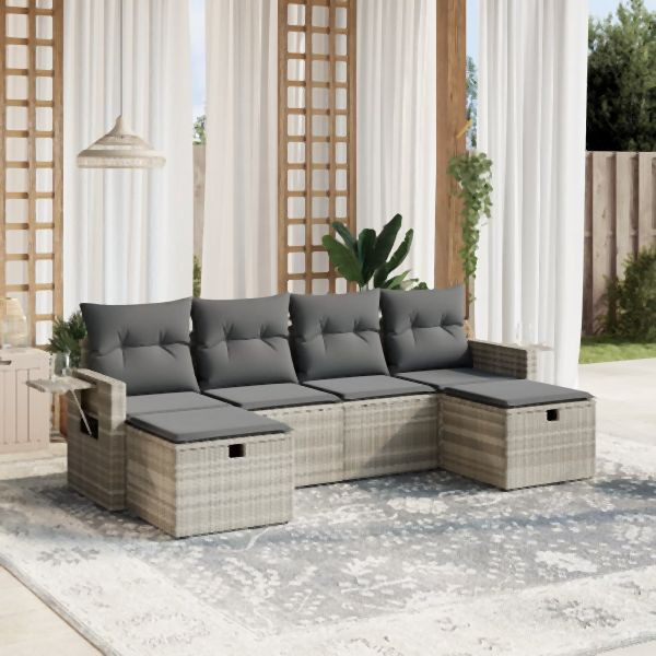 vidaXL 6-tlg. Garten-Sofagarnitur mit Kissen Hellgrau Poly Rattan, 3263858