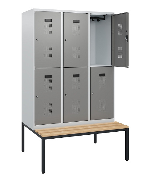 C+P Doppelstöckiger Spind Evolo PLUS, Bank, 6 Fächer, 1950x1200x815mm, 7035/0004, Zylinderschloss, Sitzfläche Buche-Hartholz, Sitzbank, 0493505-32 S10041