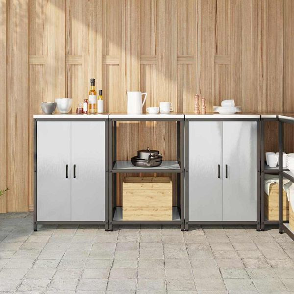 vidaXL Küchenlager-Set mit Tür 3-teilig Silber 180 x 50 x 92 cm Edelstahl, 3392698