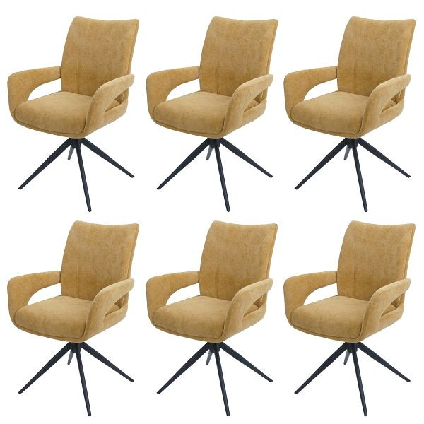 Mendler 6er-Set Esszimmerstuhl HWC-O78, Küchenstuhl, drehbar Auto-Return, Stoff/Textil Chenille (310g/m²) nach Standard 100 geprüft, senfgelb, 6x139275