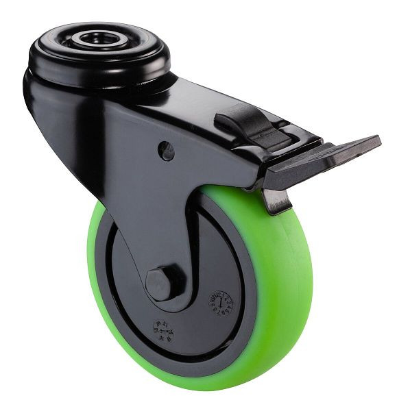 BS Rollen Lenkrolle mit Feststeller schwarz, thermoplastisches Gummirad grün, Kugellager, Rückenloch, Durchmesser: 75 mm, VE: 4 Stück, A821.A85.075.04