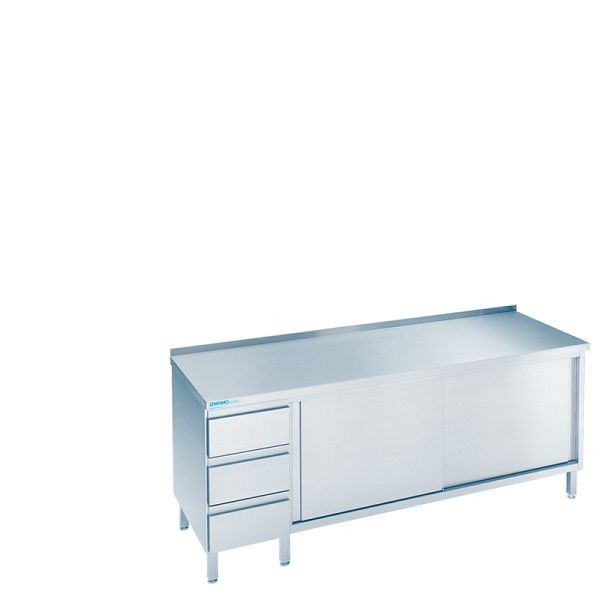 CHROMOnorm Arbeitsschrank mit Schiebetüren und Schubladenblock Links, mit Tischplatte Hinten aufgekantet - 2200x700x850/900 mm, SS0722CS3L0