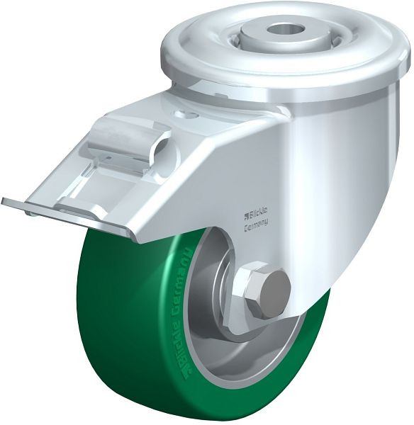 Blickle LKR-ALST 100K-FI Stahlblech-Lenkrolle, schwere Ausführung, mit Rückenloch & Feststeller, Blickle Softhane®, Grün, 612499