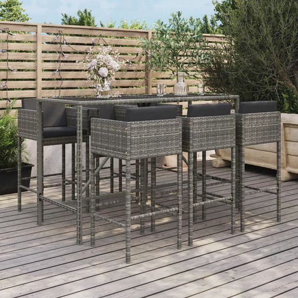 vidaXL 7-teilig Gartenbar-Set mit Kissen Grau Poly Rattan, 3200653