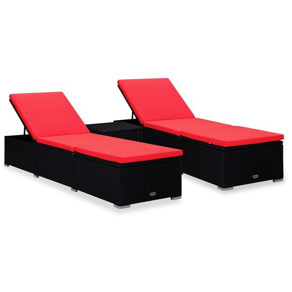 vidaXL 3-teilig Garten-Sonnenliegen mit Teetisch Poly Rattan Schwarz, 3057667