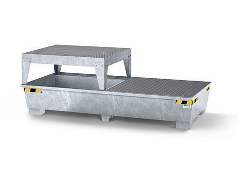 DENIOS Auffangwanne pro-line für 2 IBC, verzinkt, Abfüllbock und Gitterrost, 273888