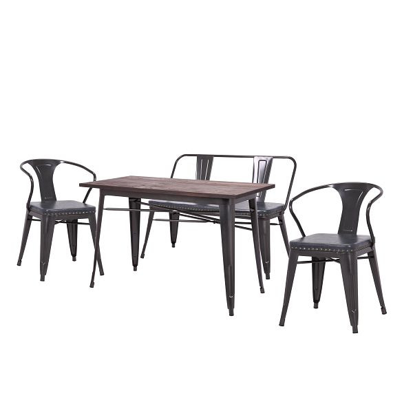 Mendler Esszimmer-Set HWC-H10, 2xEsszimmerstuhl Sitzbank Esszimmertisch, Kunstleder Ulme Holz FSC Industrial Gastronomie, grau, 72439+72470+72484