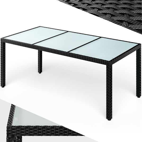 casaria Polyrattan Gartentisch Schwarz 190x90x75cm Glas, 997627