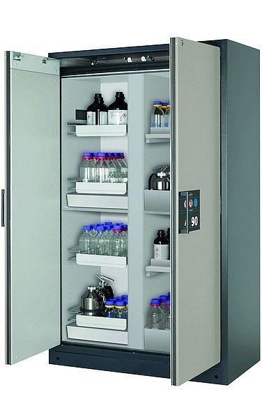 asecos Sicherheitsschrank Q-CLASSIC-90, Q90.195.120.MM in lichtgrau RAL 7035 mit 4x Auszugswanne Standard (Stahlblech), 34192-041-34209