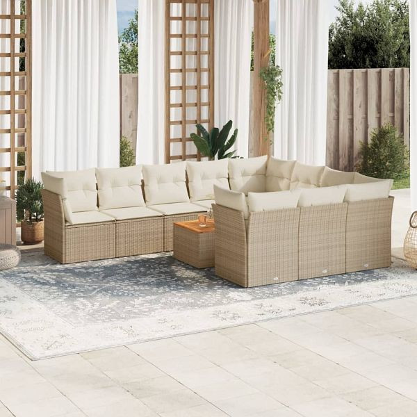 vidaXL 11-teilig Garten-Sofagarnitur mit Kissen Beige Poly Rattan, 3256170