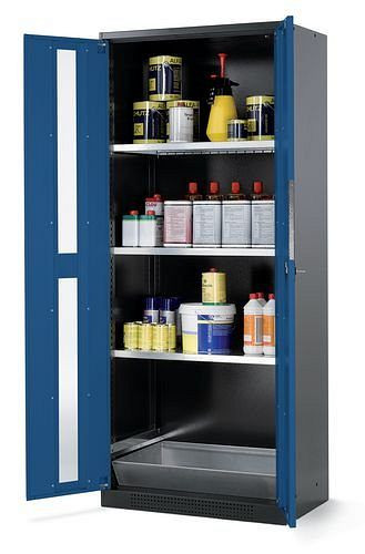asecos Chemikalienschrank Systema CS-83G, Korpus anthrazit, blau, 3 Einlegeböden und Bodenwanne, 202665