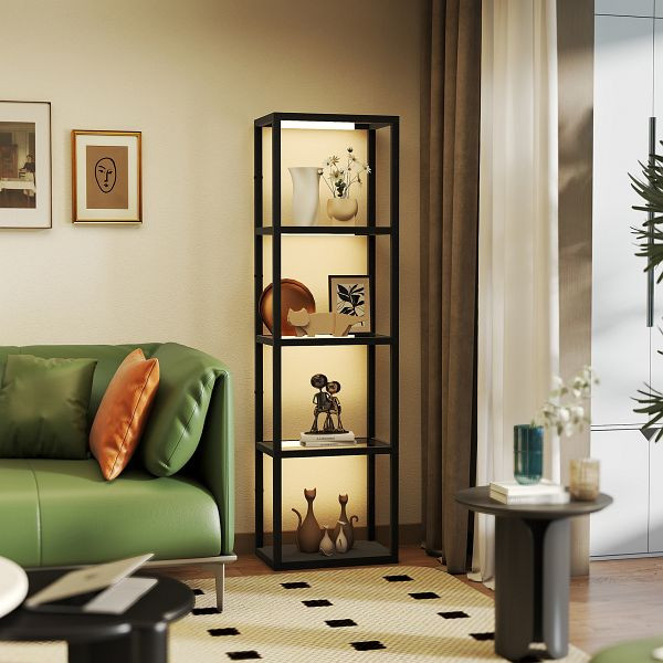 HOMCOM LED-Stehlampe mit 4-stufigem Regal, Leuchtregal mit 4 Glasfächern, Fußschalter, MDF, Schwarz, B31-549V90BK